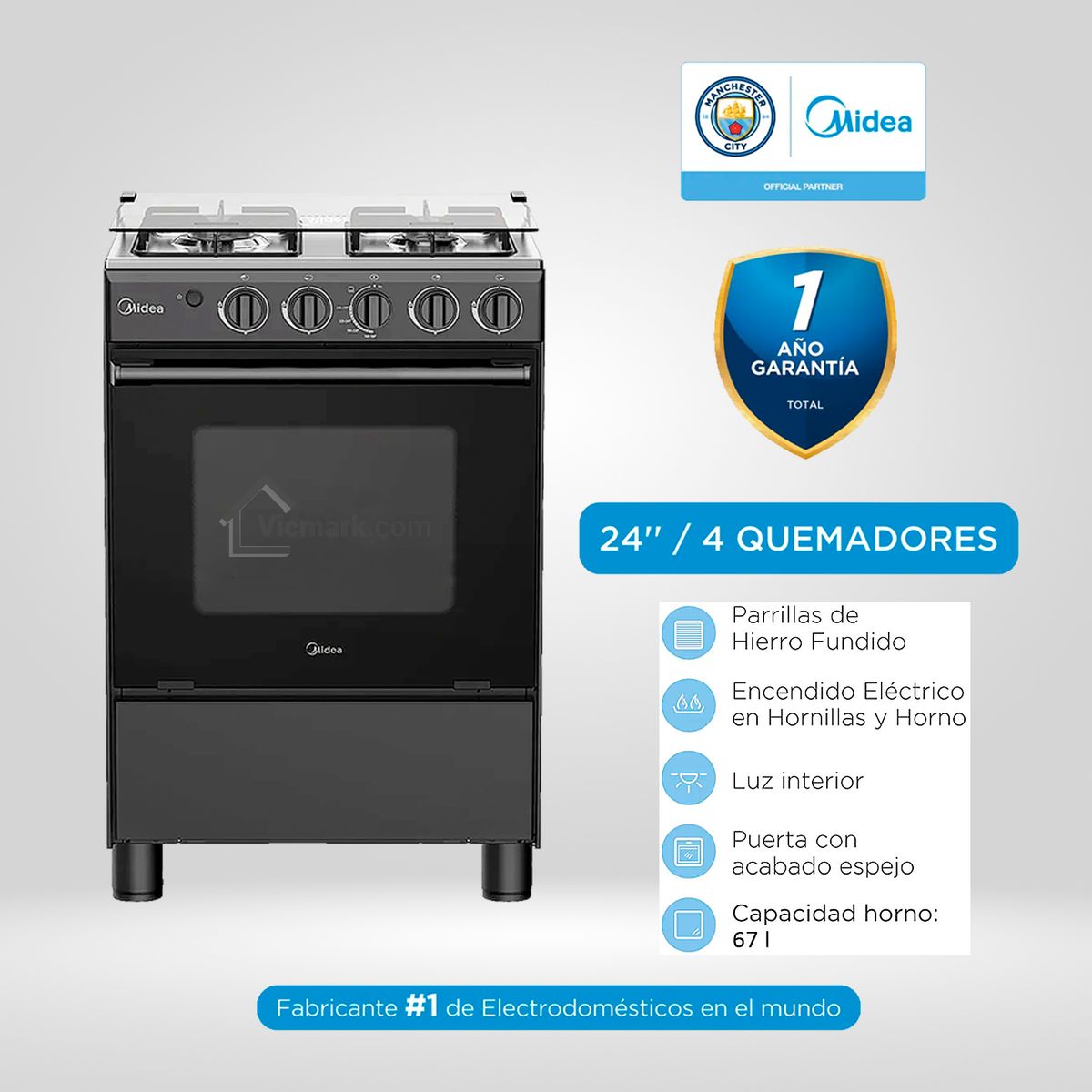 MIDEA - Cocina a Gas 24" Midea 4 Quemadores Negra MGS24FS2LFABBC