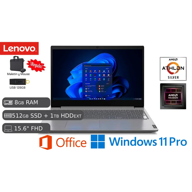LENOVO - LAPTOP LENOVO AMD SILVER 7120U 8GB RAM 512GB SSD+ 1TB HDD EXT + MALETIN + MOUSE + USB 128GB