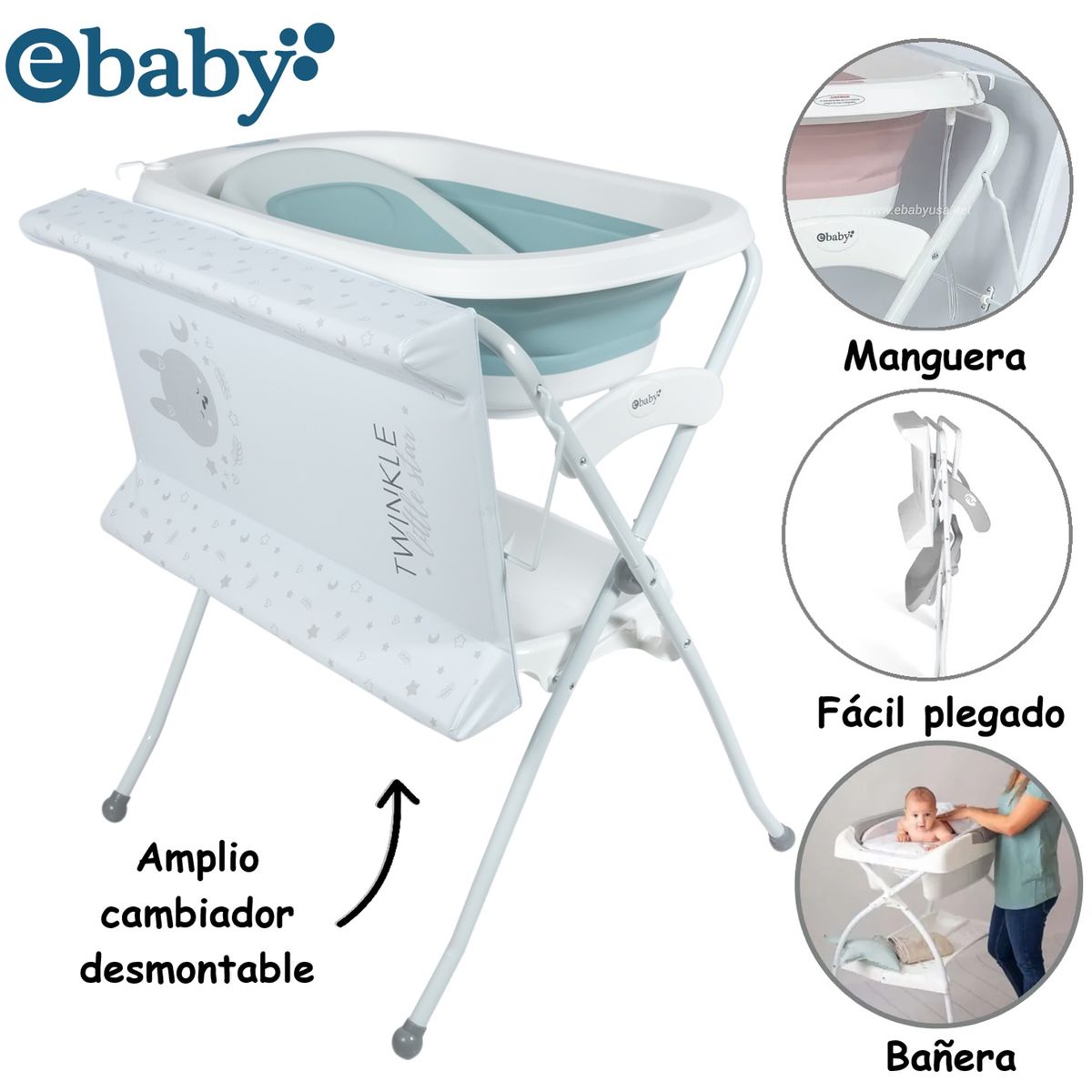 EBABY - Bañera Plegable Cambiador con Soporte Spark -Celeste
