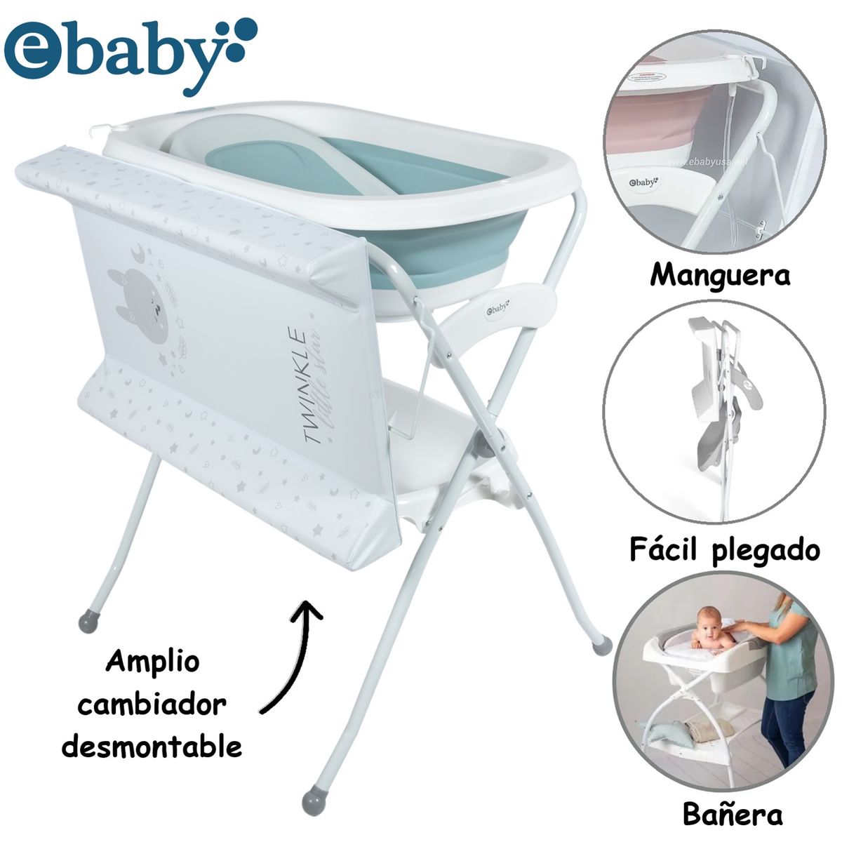 EBABY - Bañera Plegable Cambiador con Soporte Spark -Celeste