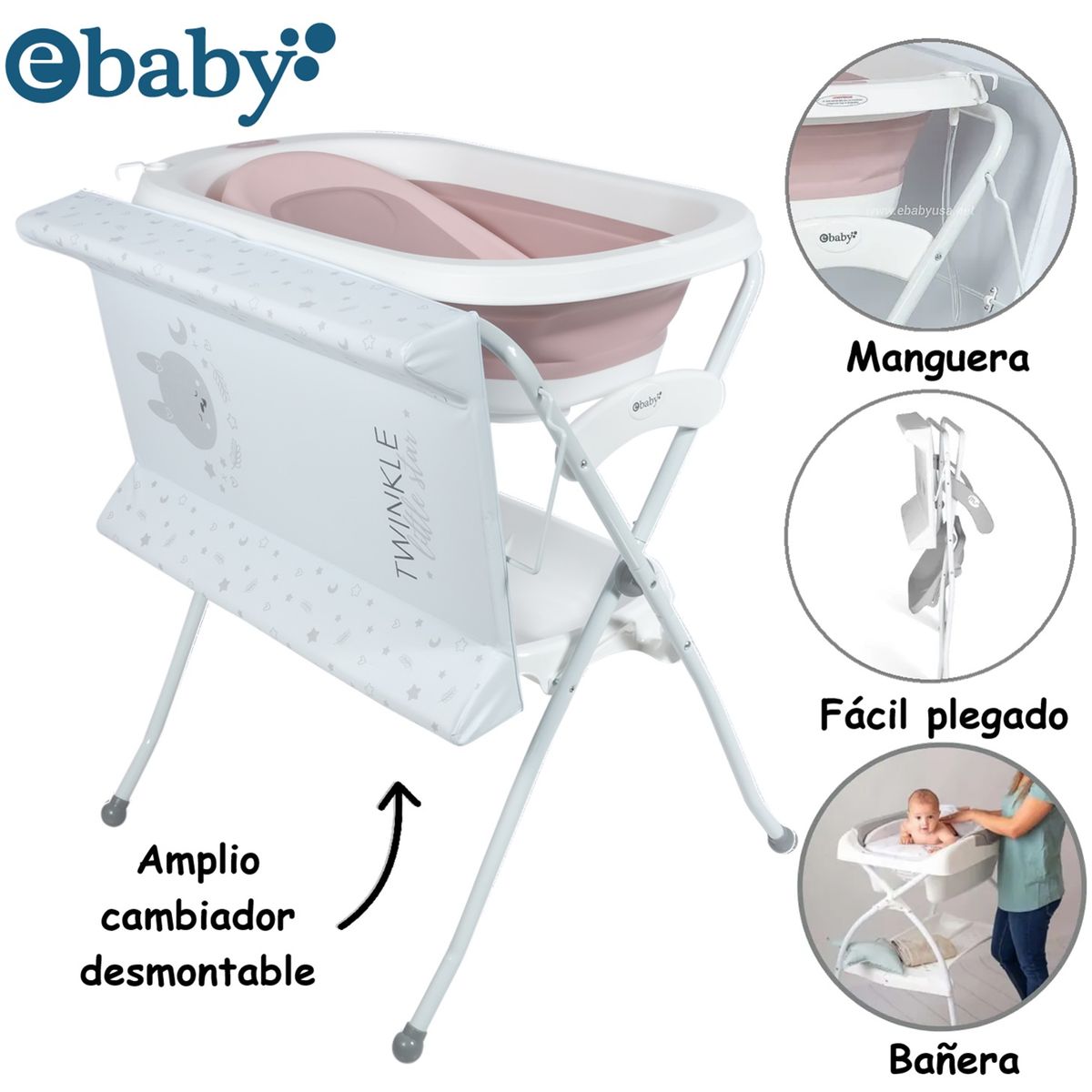 EBABY - Bañera Plegable Cambiador con Soporte Spark -Rosado