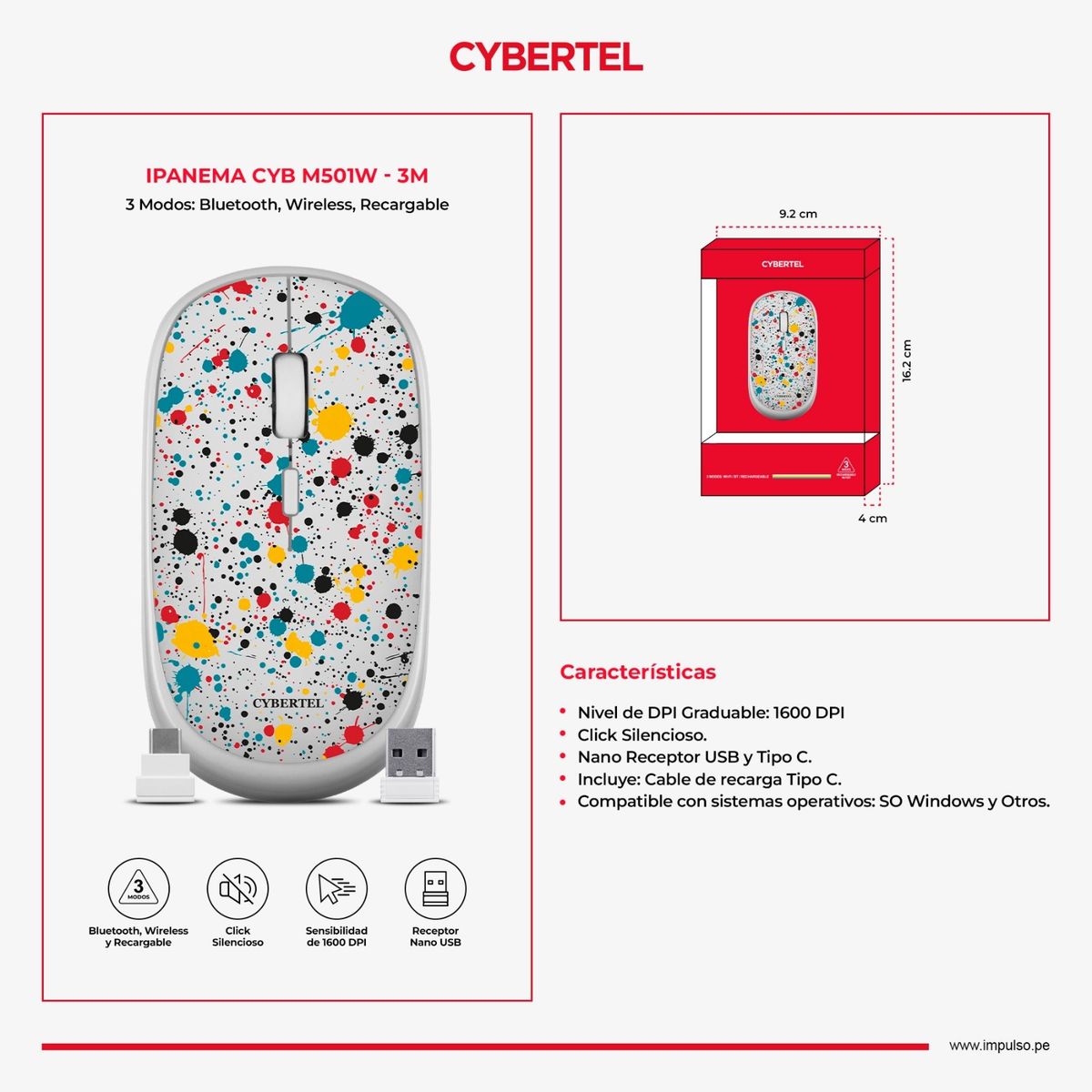 CYBERTEL - MOUSE IPANEMA CYB M501w-3M INALAMBRICO RECARGABLE BLUETOOTH CYBERTEL