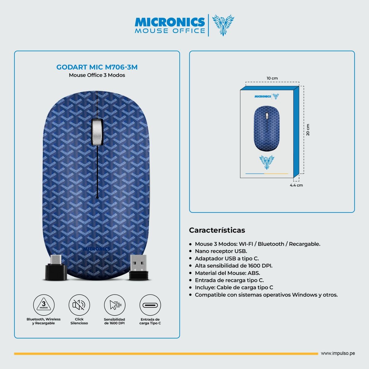 MICRONICS - Mouse Inalámbrico GODART MIC M706-3M BT RECARGABLE USC-C MICRONICS