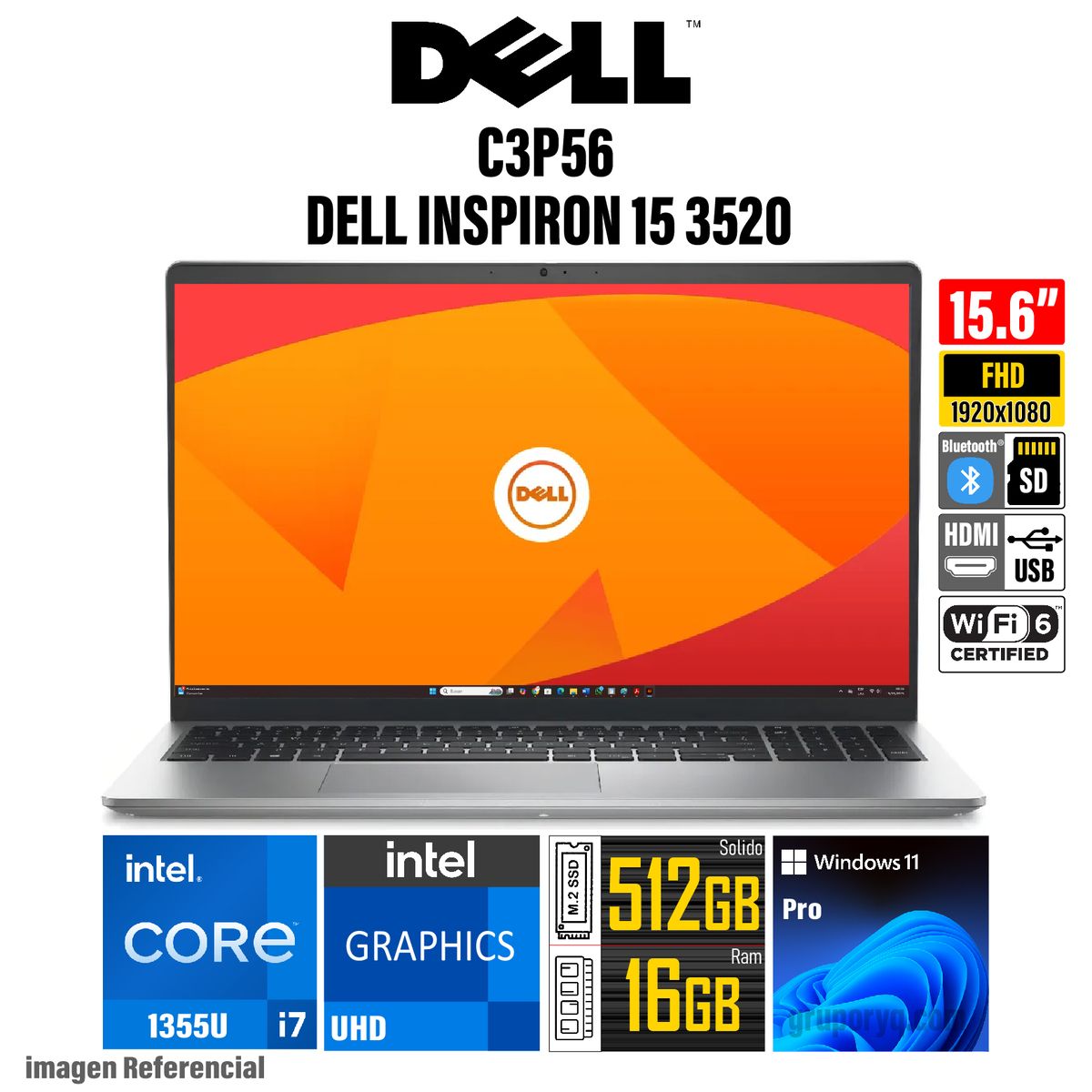 DELL - Laptop DELL INSPIRON 15 3520 Intel Core i7-1255U RAM 16GB SSD 512GB Pantalla 15.6" FHD