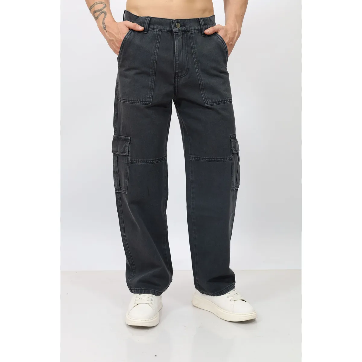 QH - Pantalón Baggy Cargo Hombre  Denim 100% Algodón
