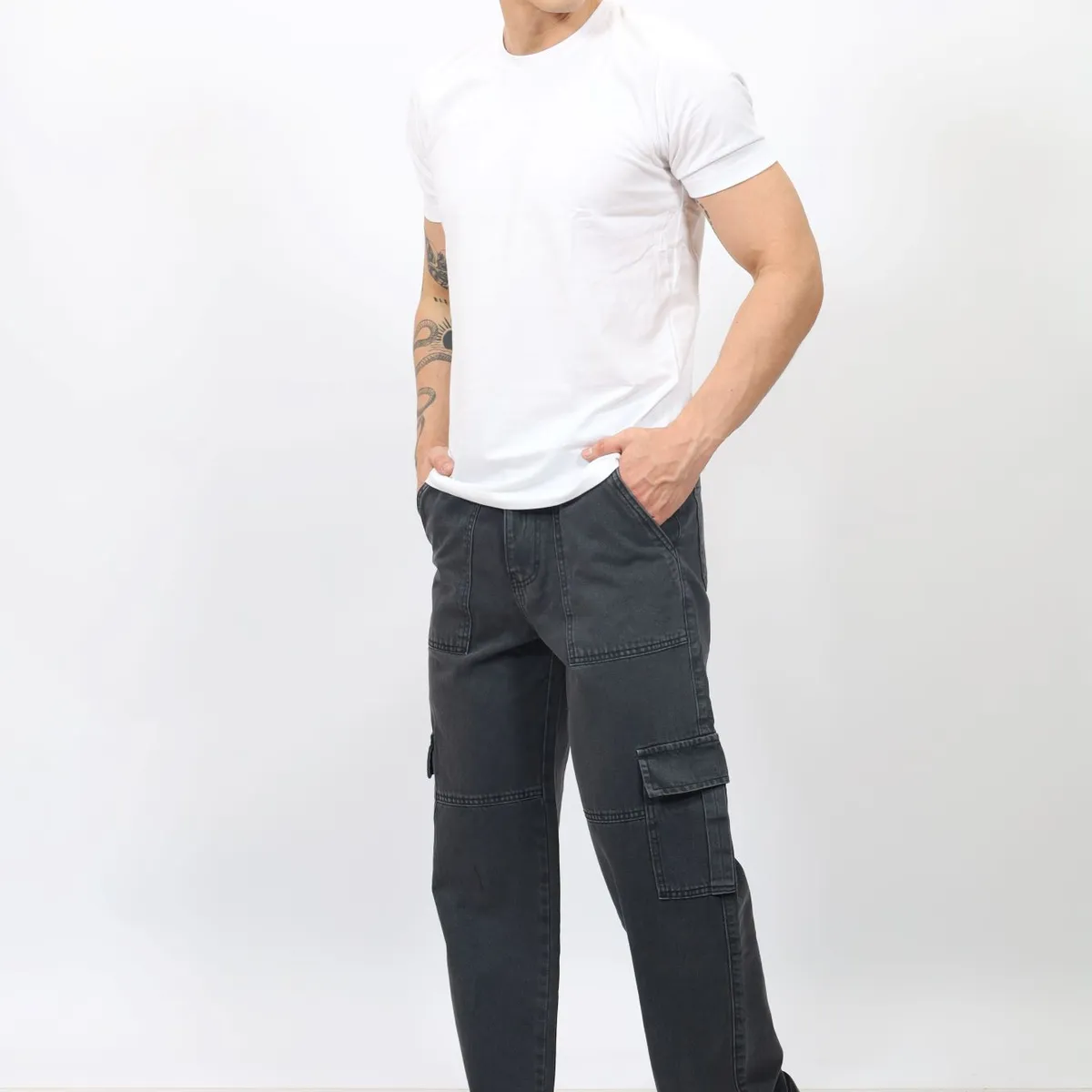 QH - Pantalón Baggy Cargo Hombre  Denim 100% Algodón