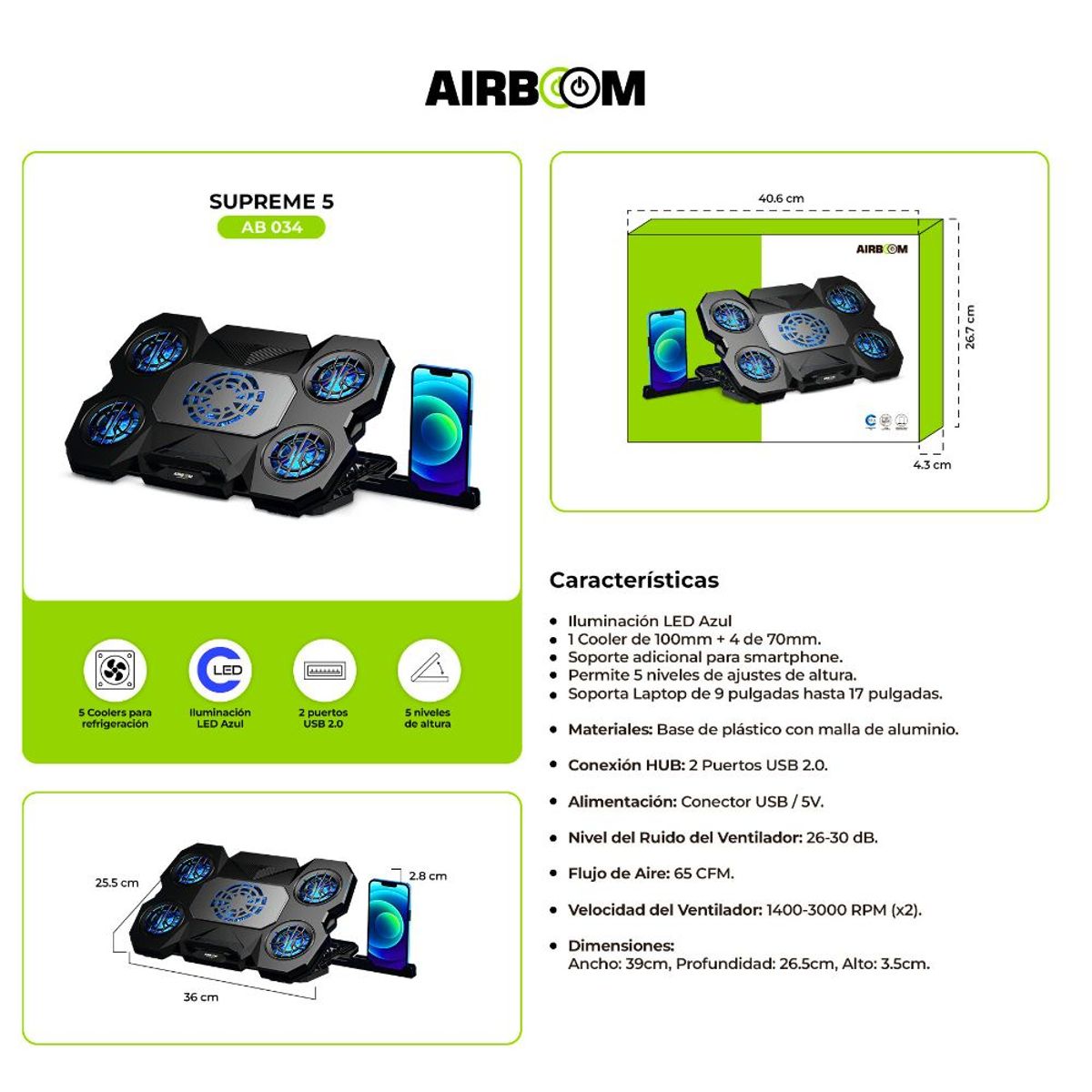AIRBOOM - Cooler Laptop Gamer Airboom Supreme 5 Con 5 Ventiladores Led