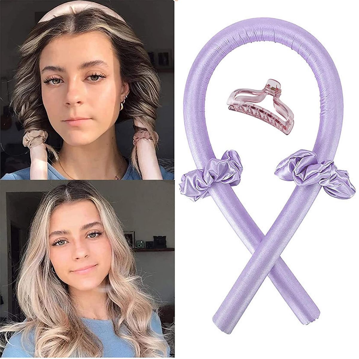 GENERICO - Rizador De CAabello Sin Calor + 2 Collets + Gancho Peinado Rulos Ondas Pelo Naturales lila