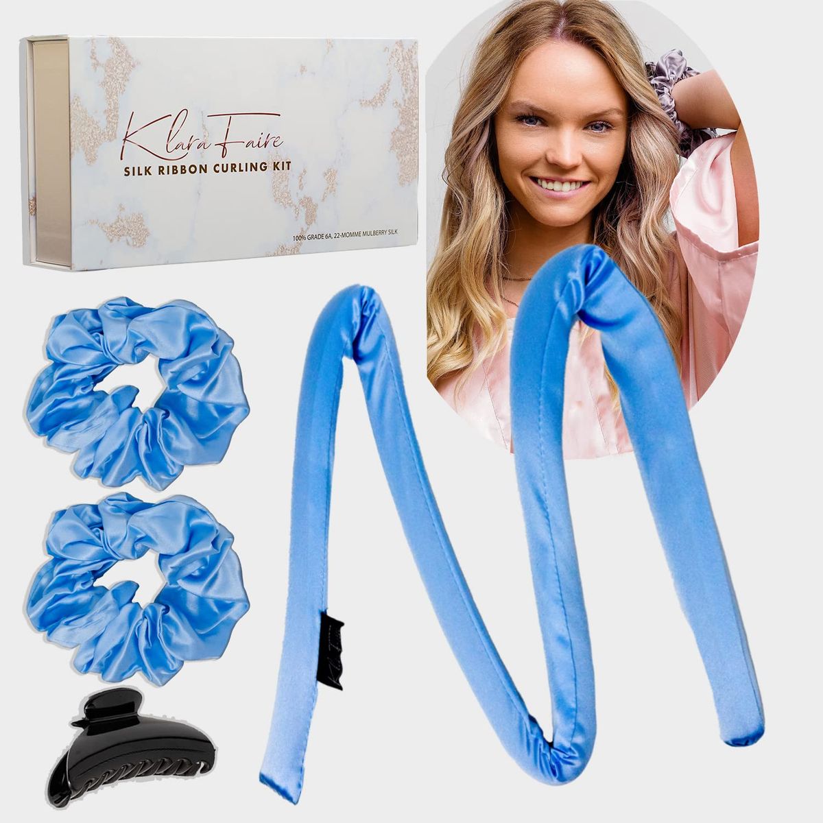 GENERICO - Rizador De Cabello Sin Calor + 2 Collets + Gancho, Rulos Ondas Pelo Naturales celeste