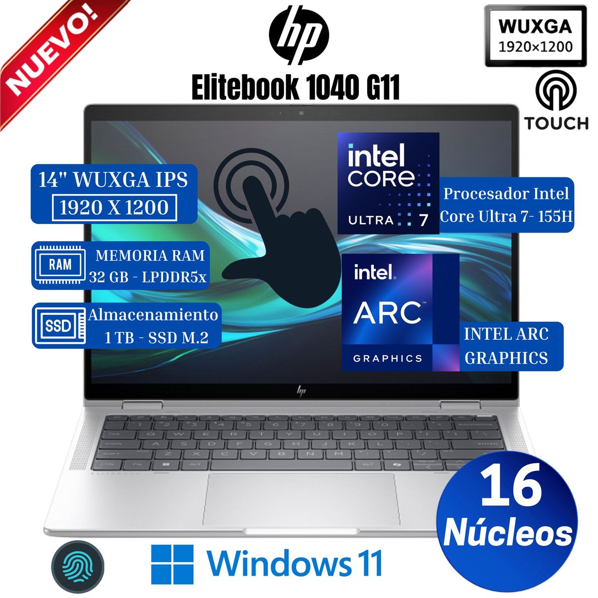HP - Laptop HP Elitebook 1040 G11 14” WUXGA Touch, Core Ultra 7-155H, Ram 32GB, Ssd 1 TB, Win 11 Pro