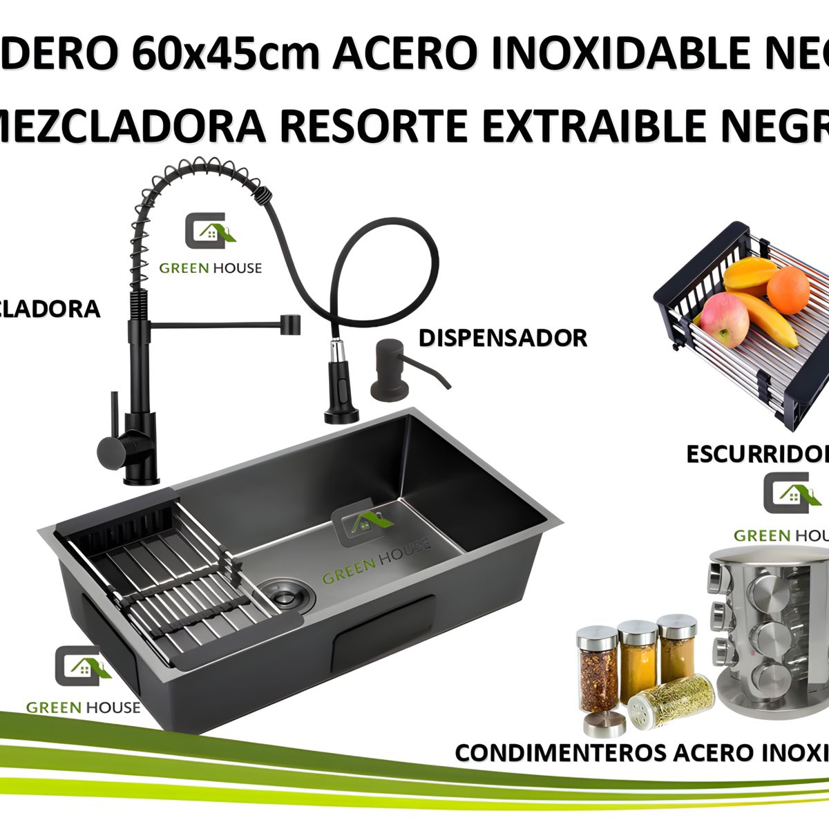 GREEN HOUSE - COMBO LAVADERO ACERO  60X45X23CM NEGRO + MEZCLADORA RESORTE EXTRAIBLE