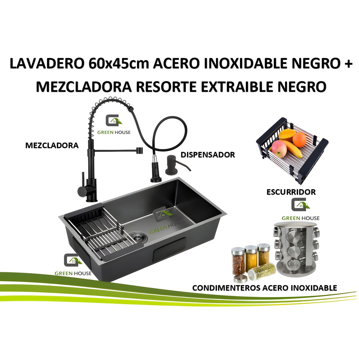 GREEN HOUSE - COMBO LAVADERO ACERO  60X45X23CM NEGRO + MEZCLADORA RESORTE EXTRAIBLE