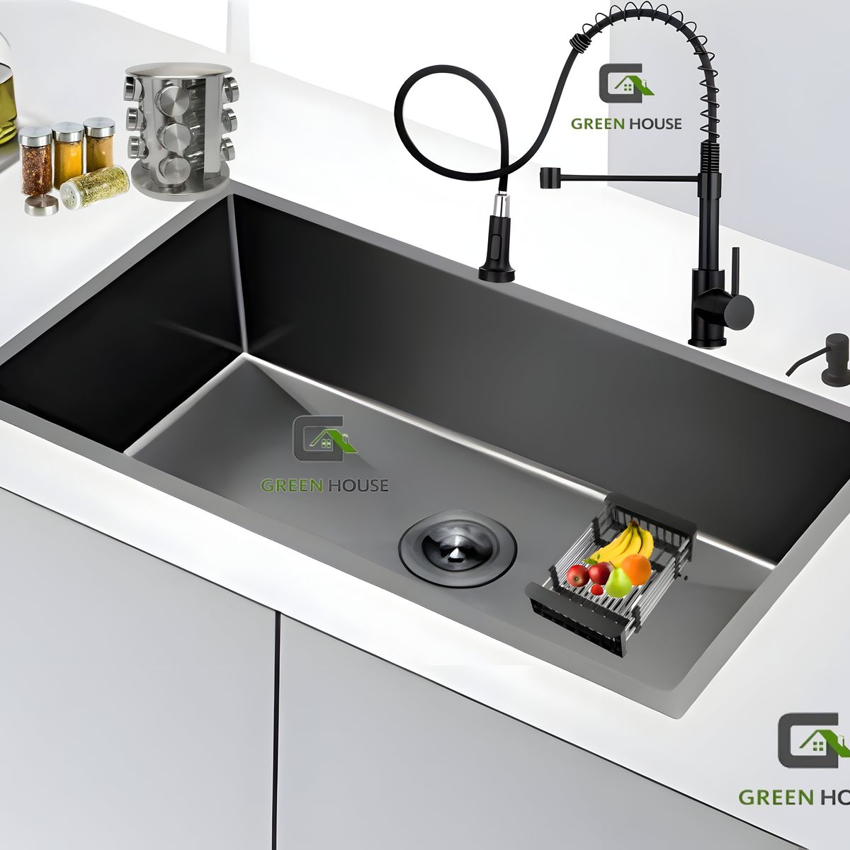GREEN HOUSE - COMBO LAVADERO ACERO  60X45X23CM NEGRO + MEZCLADORA RESORTE EXTRAIBLE