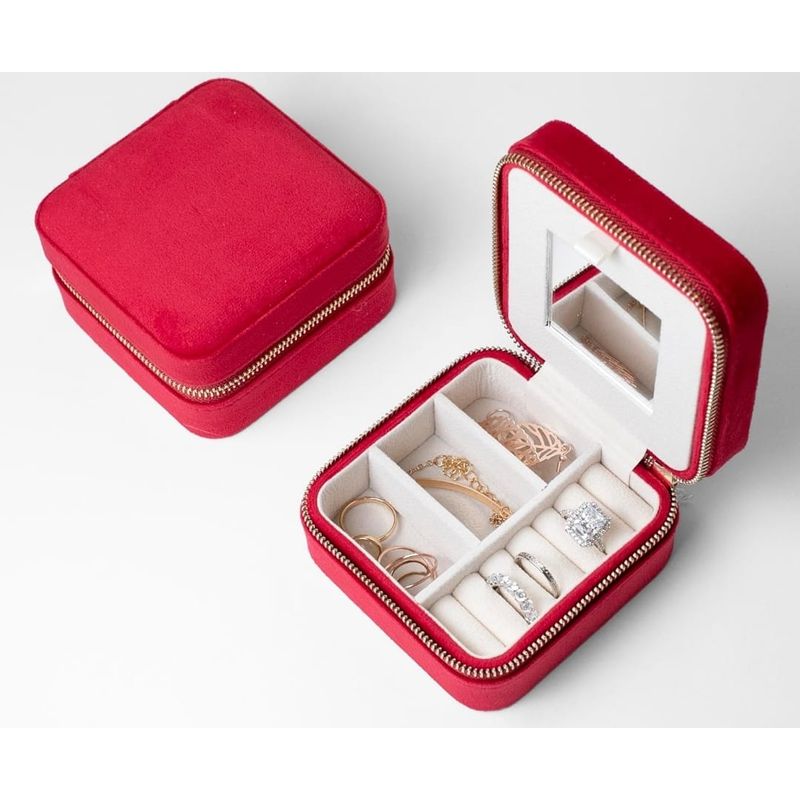 GENERICO - JOYERO VIAJERO GAMUZADO ROJO CON ESPEJO