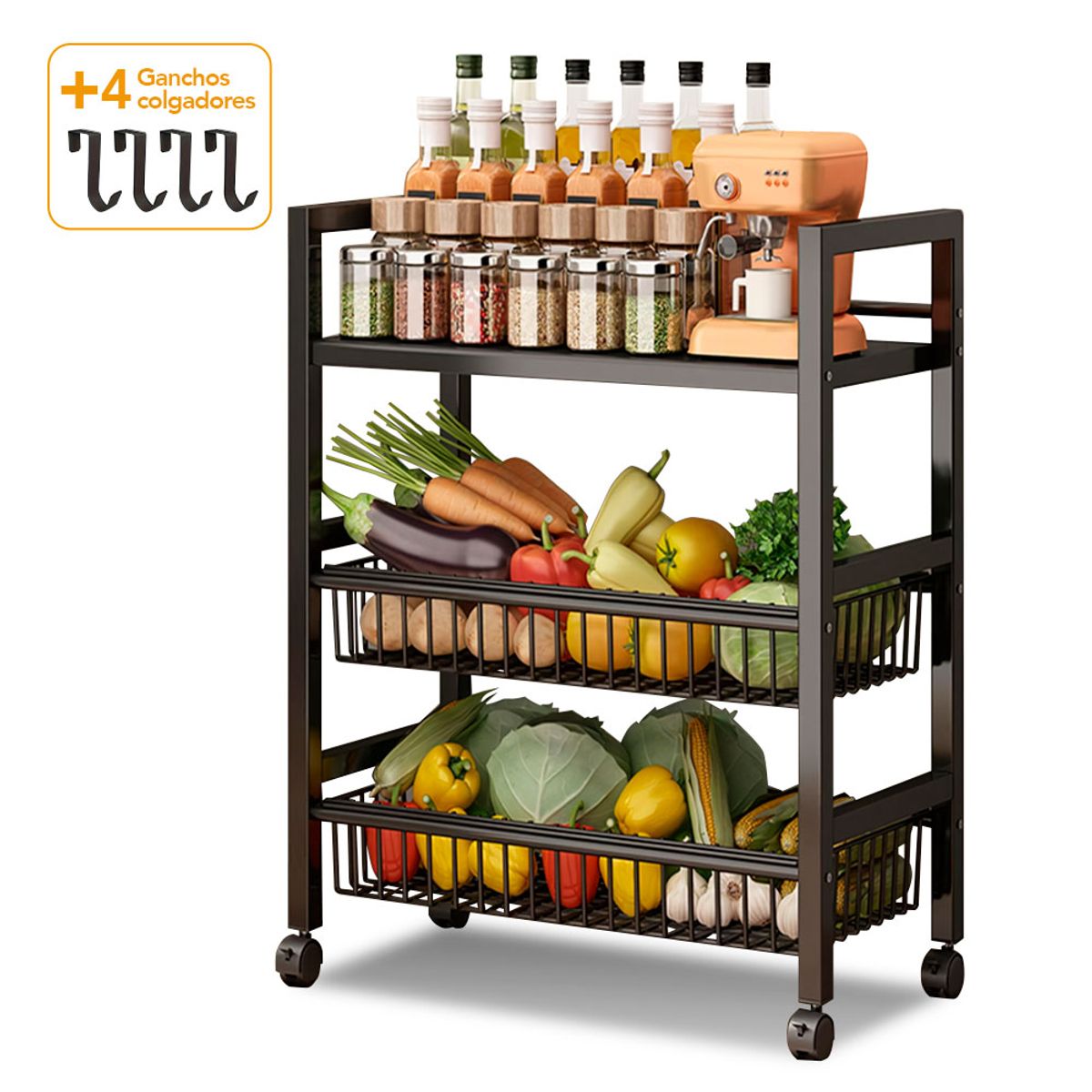 KELLER - Carrito Organizador Estante 3 Niveles Negro S39