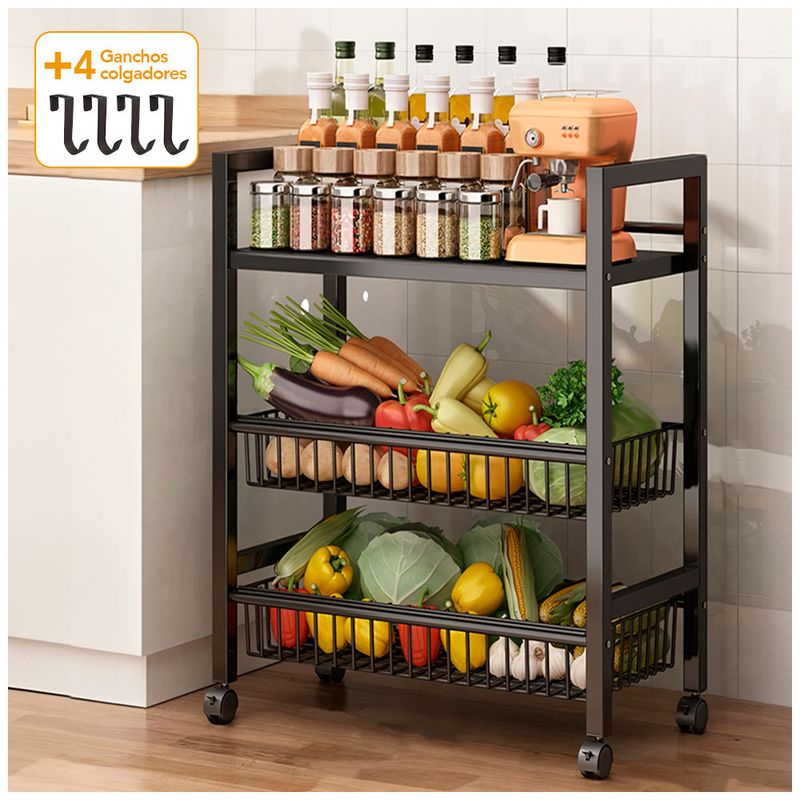 KELLER - Carrito Organizador Estante 3 Niveles Negro S39