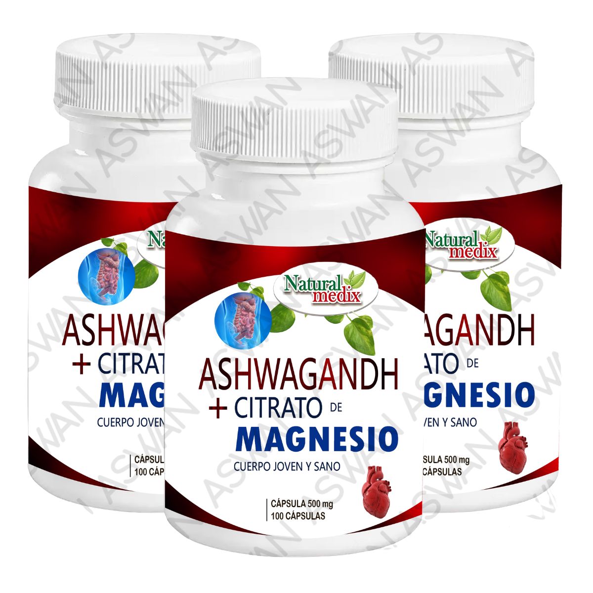 GENERICO - PACK DE 3 ASHWAGANDH + CITRATO DE MAGNESIO 100 CAPSULAS - NATURAL MEDIX