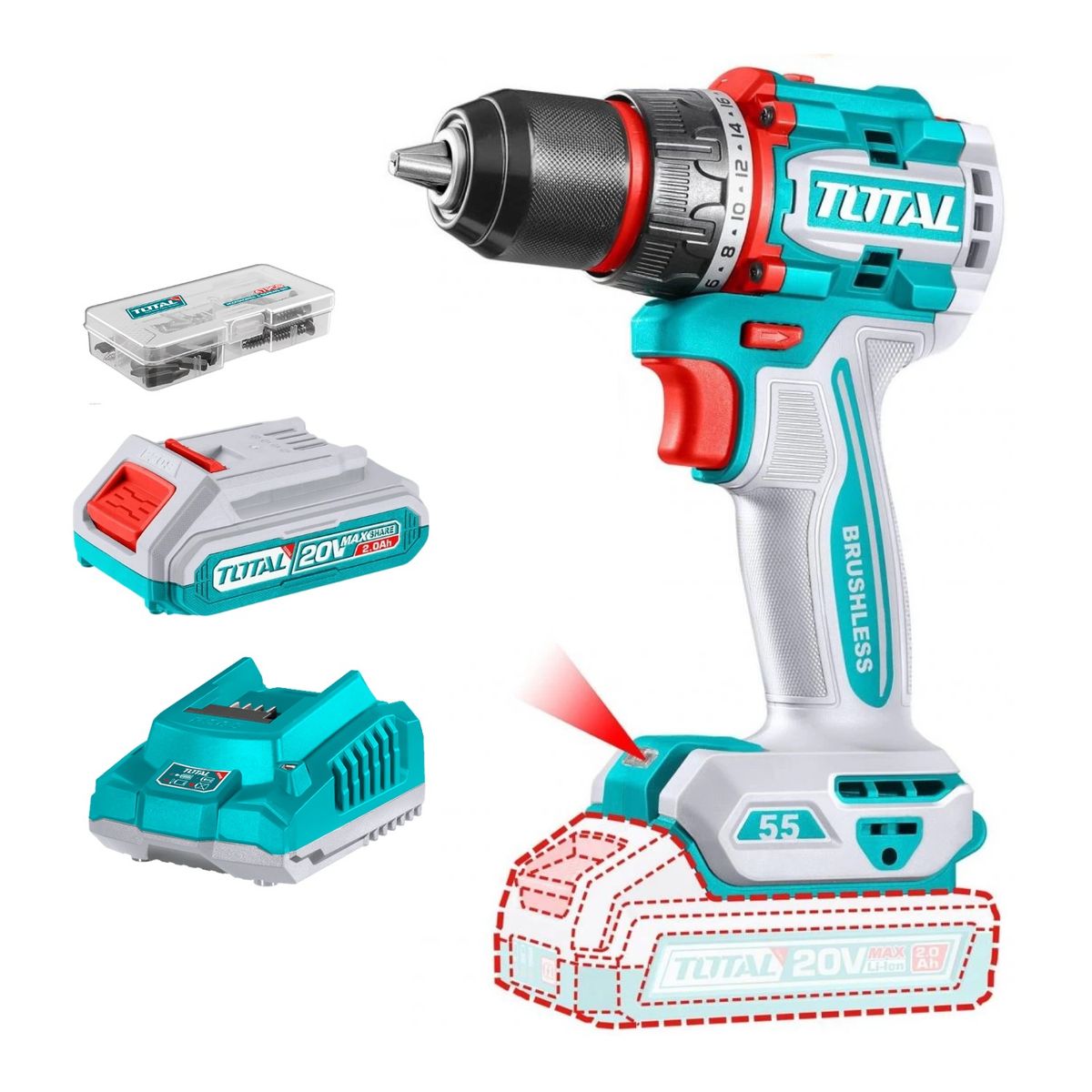 TOTAL TOOLS - Taladro Atornillador 55nm 20v incluye batería y cargador Total