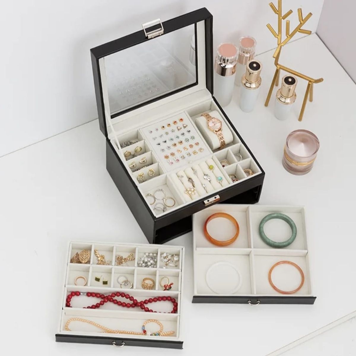 GENERICO - Joyero Caja Organizadora Portátil de 3 Compartimientos