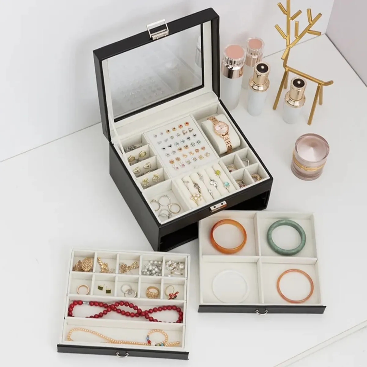 GENERICO - Joyero Caja Organizadora Portátil de 3 Compartimientos