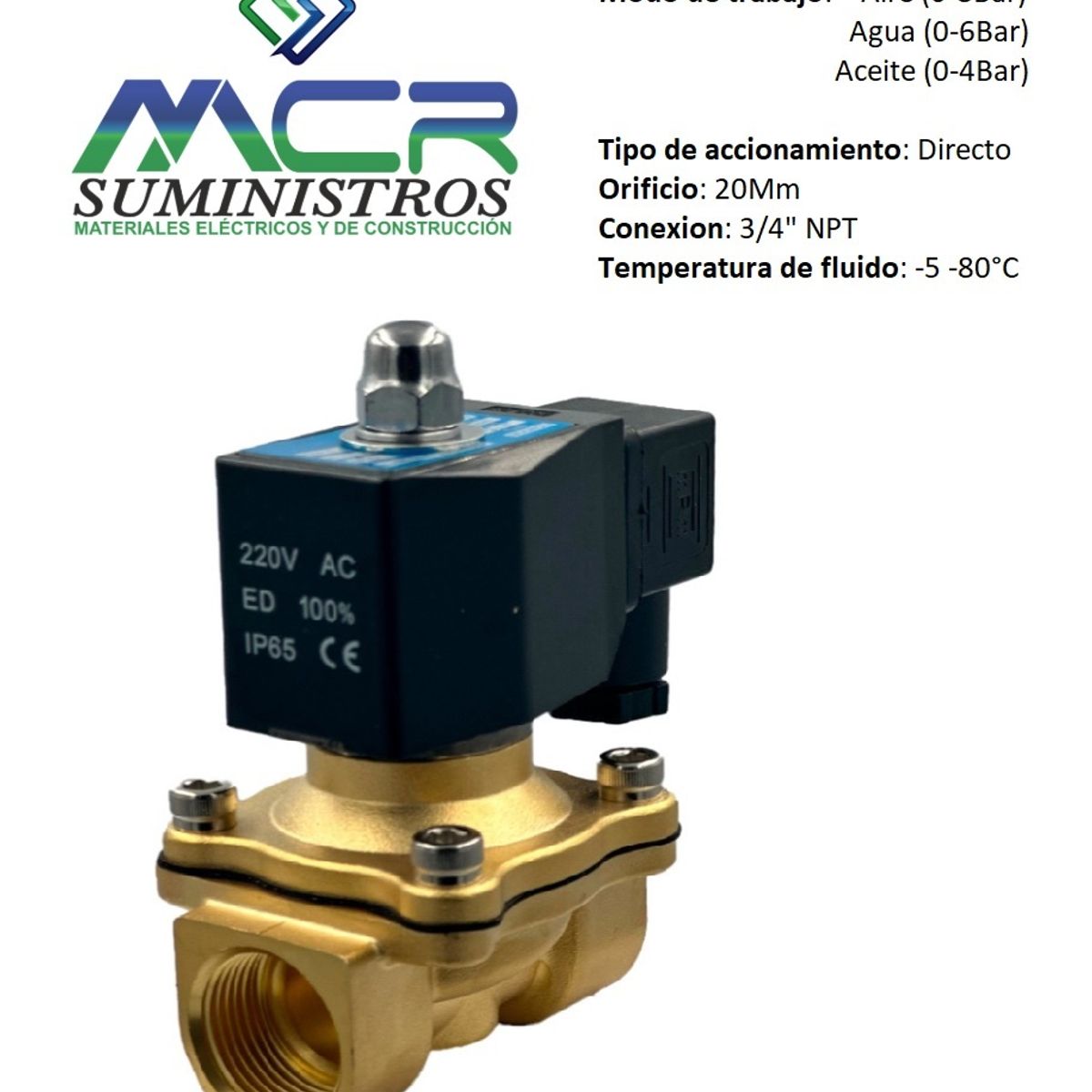 GENERICO - Electrovalvula solenoide 3 / 4 NPT 220Vac