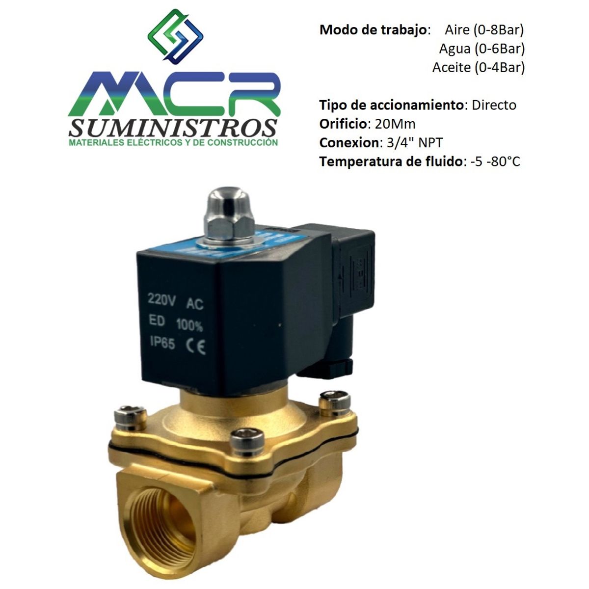 GENERICO - Electrovalvula solenoide 3 / 4 NPT 220Vac
