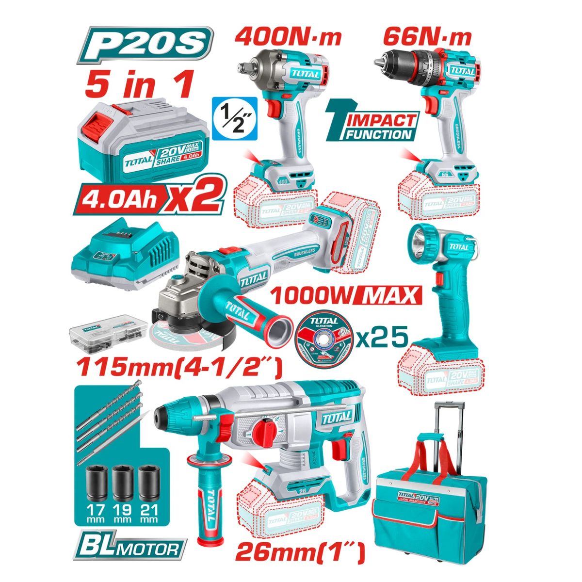 TOTAL TOOLS - Taladro 66Nm + llave impacto Rotomartillo Amoladora y Linterna Total