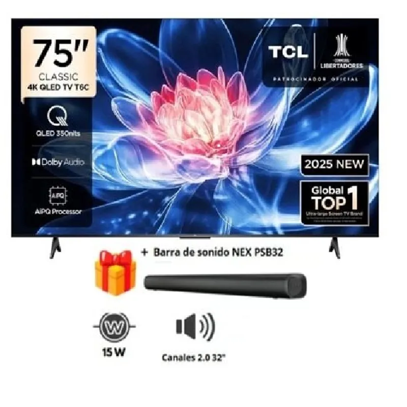 TCL - Televisor TCL QLED 75" UHD 4K Smart TV 75T6C Modelo 2025 + soundbar