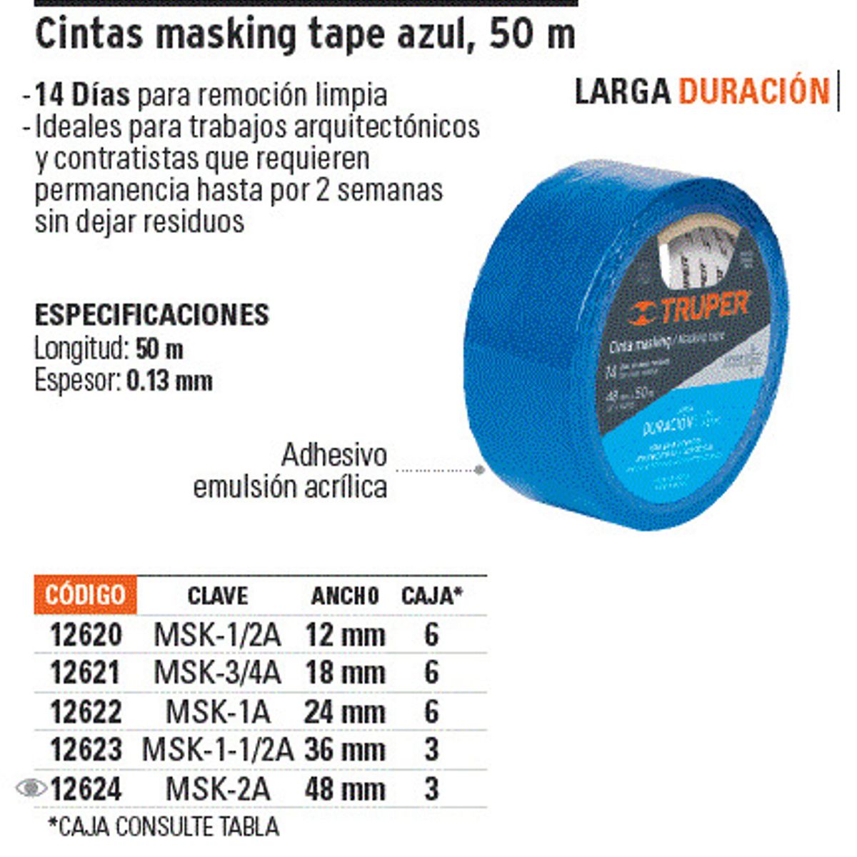 TRUPER - Cinta masking tape azul de 1 x 50 m Truper - 12622