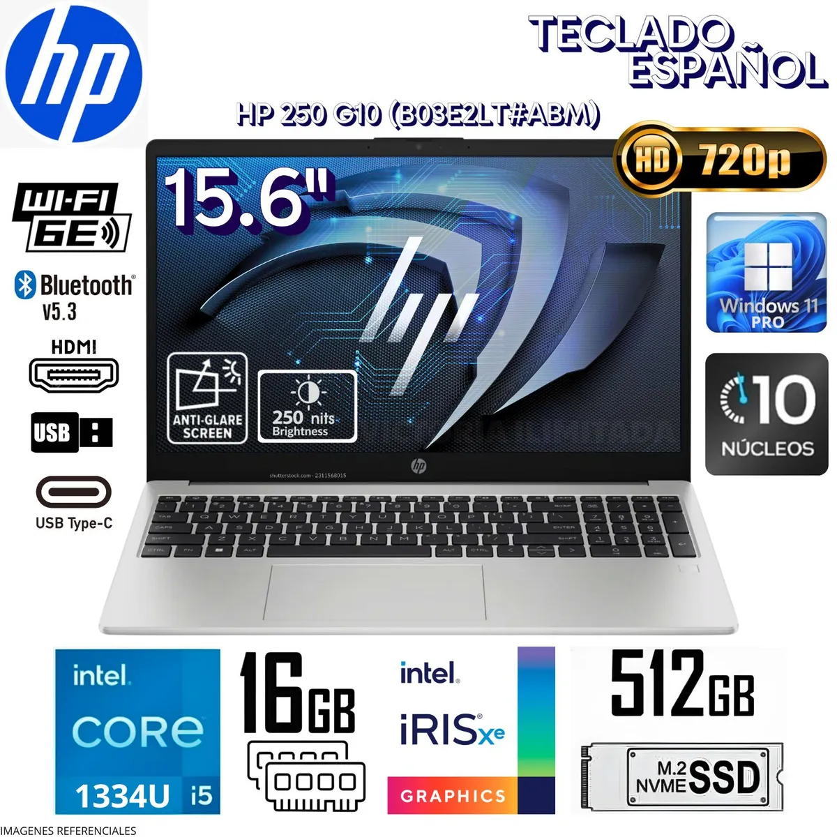 HP - Laptop HP 250 G10 Intel Core i5-1334U Intel® Iris® Xᵉ 16GB RAM 512GB SSD 15.6" HD - B03E2LT#ABM