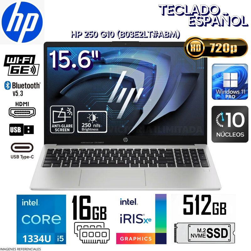 HP - Laptop HP 250 G10 Intel Core i5-1334U Intel® Iris® Xᵉ 16GB RAM 512GB SSD 15.6" HD - B03E2LT#ABM