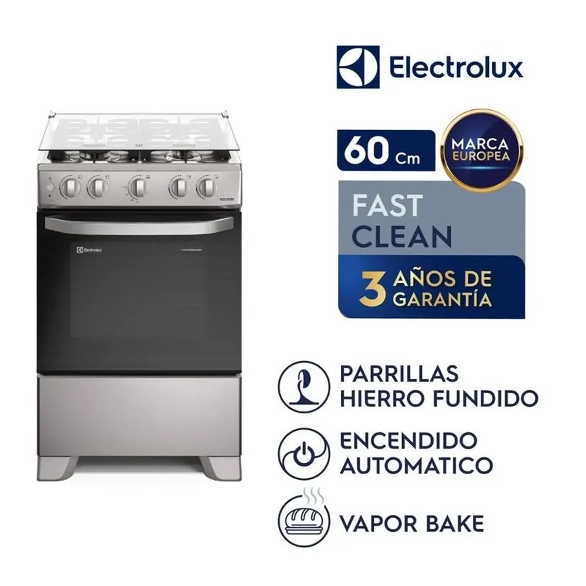 ELECTROLUX - COCINA 4 QUEMADORES EFFICIENT VAPORBAKE Y PARRILLA HIERRO FUNDIDO SILVER FE4ISR
