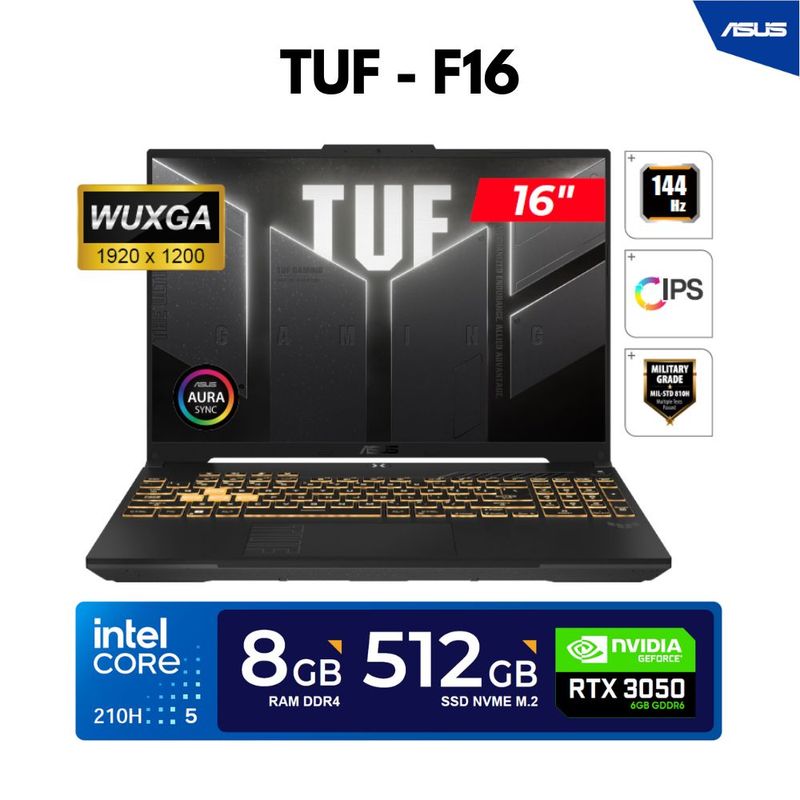 ASUS - LAPTOP ASUS F16/ 16" WUXGA IPS Core Ultra 5-210H, 4.80GHz, 8GB DDR4, 512GB SSD RTX 3050 6GB/ FREEDOS