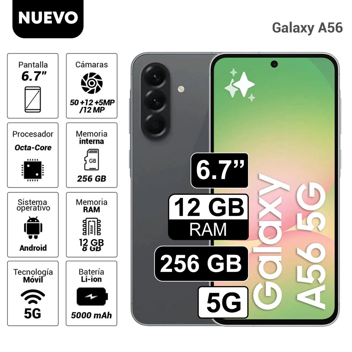 SAMSUNG - Celular Samsung Galaxy A56 5G 256GB 12GB RAM cámara principal 50MP frontal 12MP 67 Negro