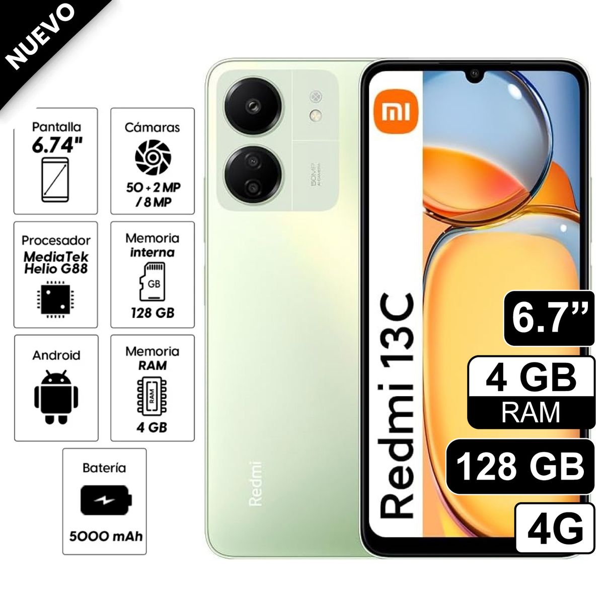 REDMI - Celular Xiaomi Redmi 13C 128GB 4GB ram cámara principal 50MP cámara frontal 8MP 67 Pulg Verde