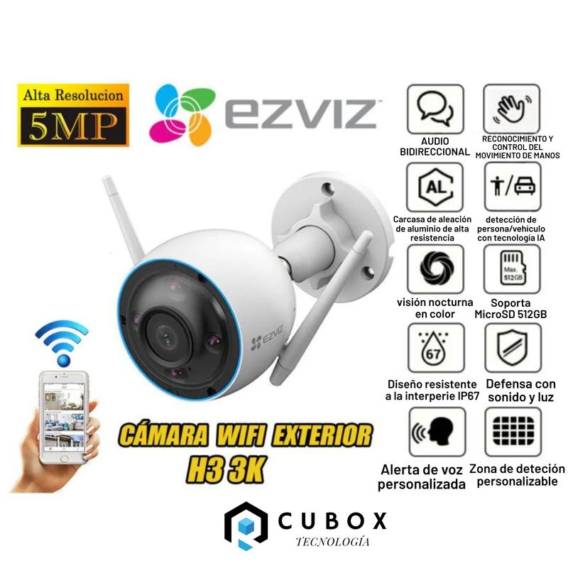 EZVIZ - Cámara Seguridad H3 Ezviz 5Mp 3K Vision Nocturna Color