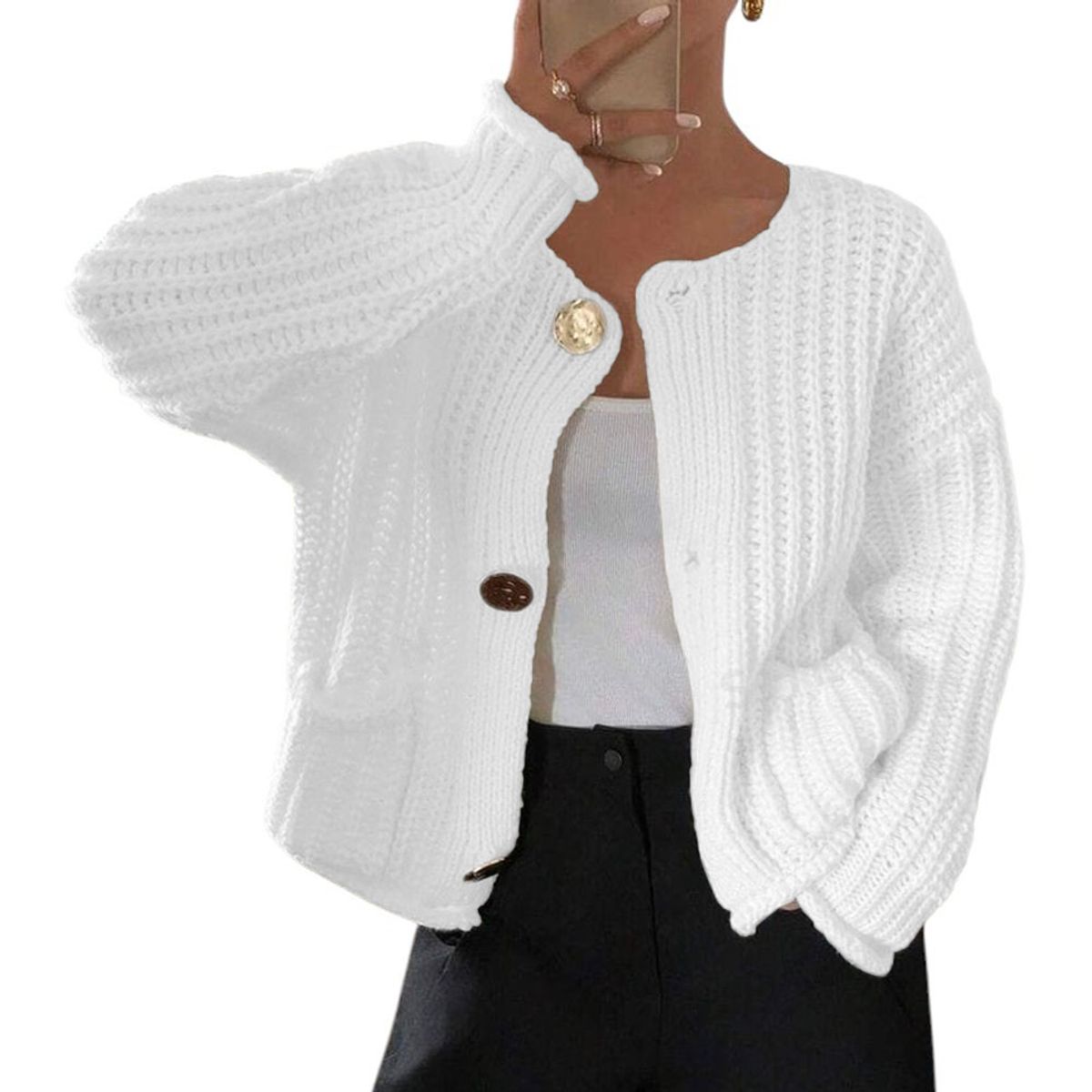 GENERICO - Chompa Mujer Hilo Bolsillos Botones 359G-30 Color Blanco