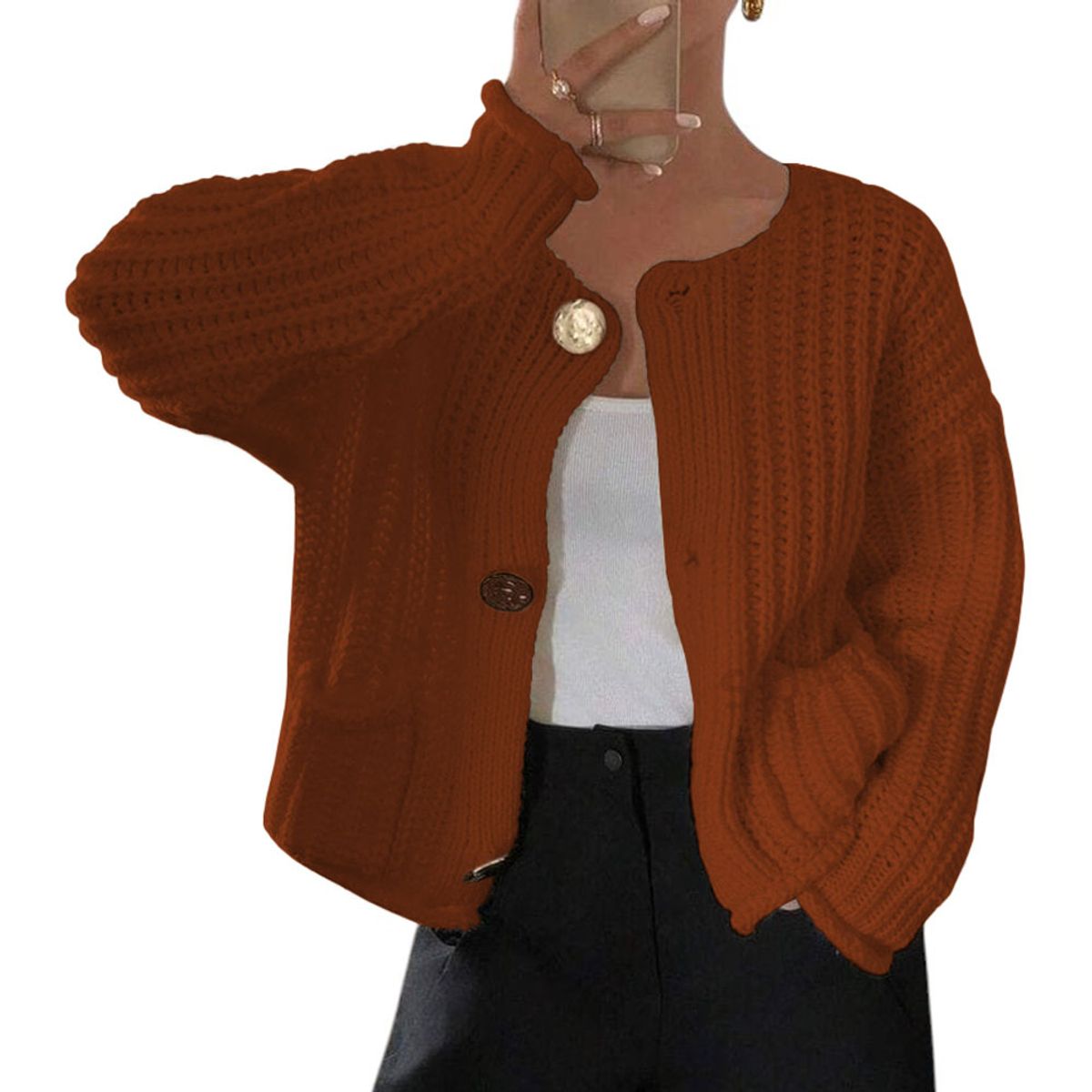 GENERICO - Chompa Mujer Hilo Bolsillos Botones 359G-30 Color Camel