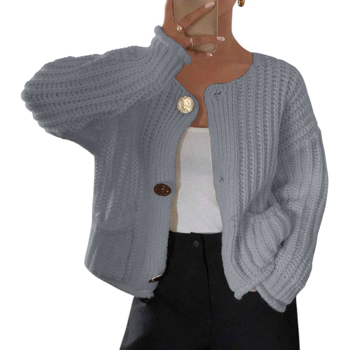 GENERICO - Chompa Mujer Hilo Bolsillos Botones 359G-30 Color Gris