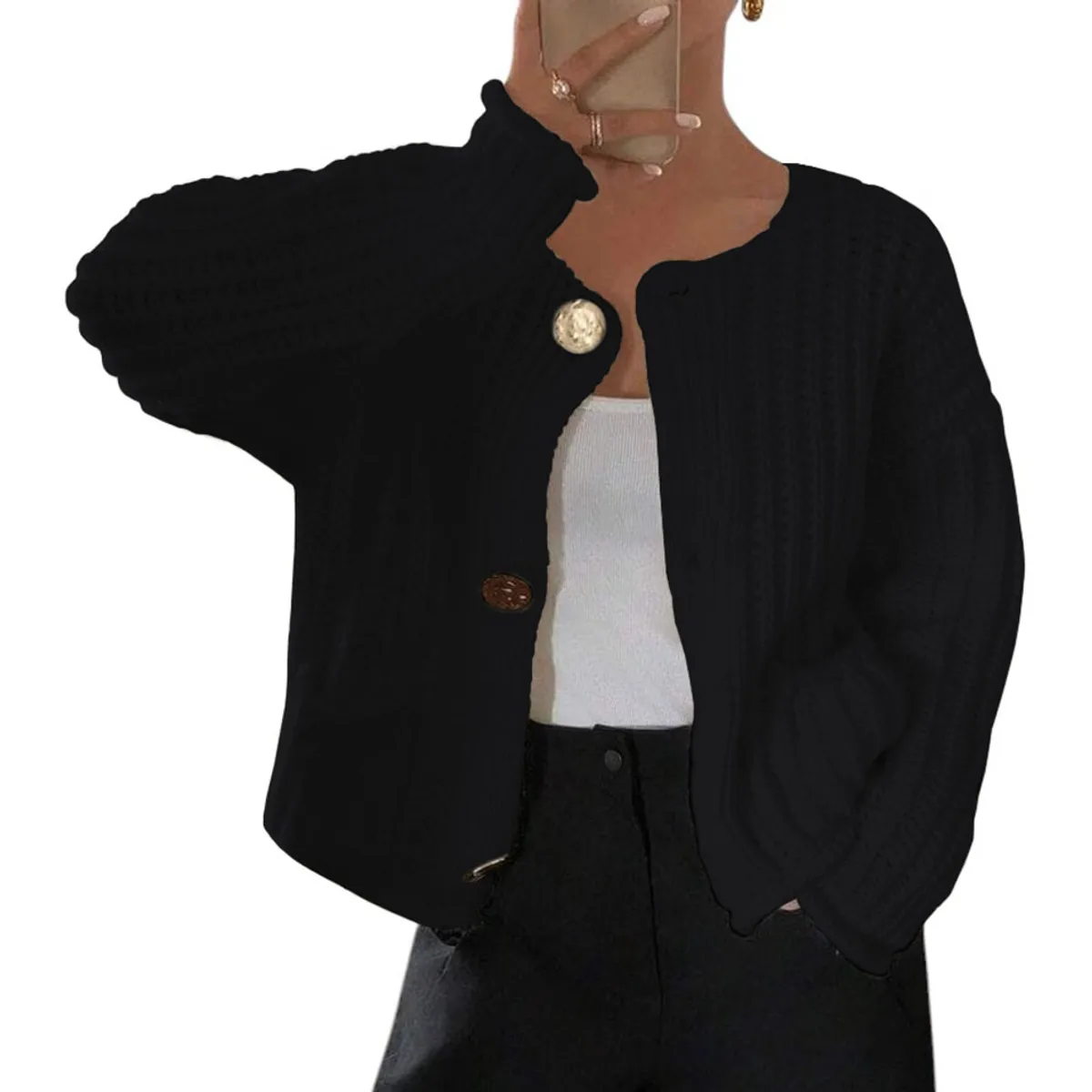 GENERICO - Chompa Mujer Hilo Bolsillos Botones 359G-30 Color Negro