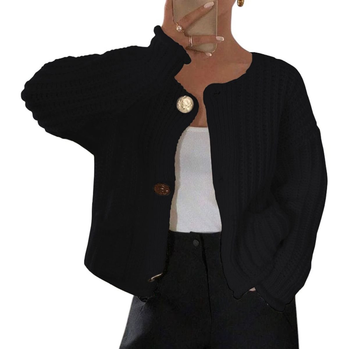 GENERICO - Chompa Mujer Hilo Bolsillos Botones 359G-30 Color Negro