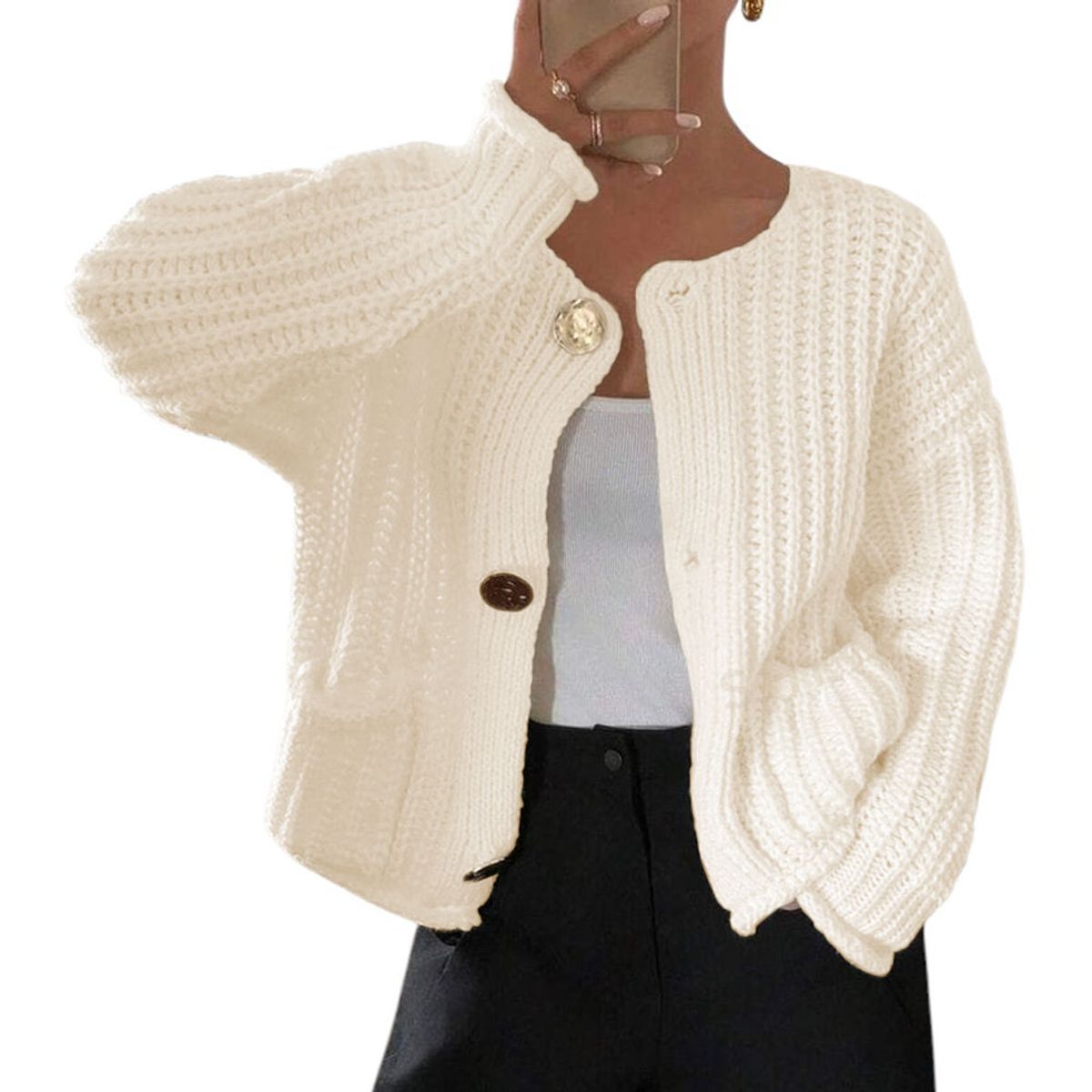 GENERICO - Chompa Mujer Hilo Bolsillos Botones 359G-30 Color Perla