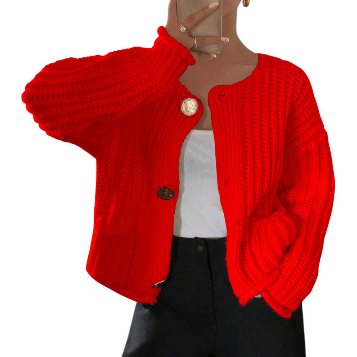 GENERICO - Chompa Mujer Hilo Bolsillos Botones 359G-30 Color Rojo