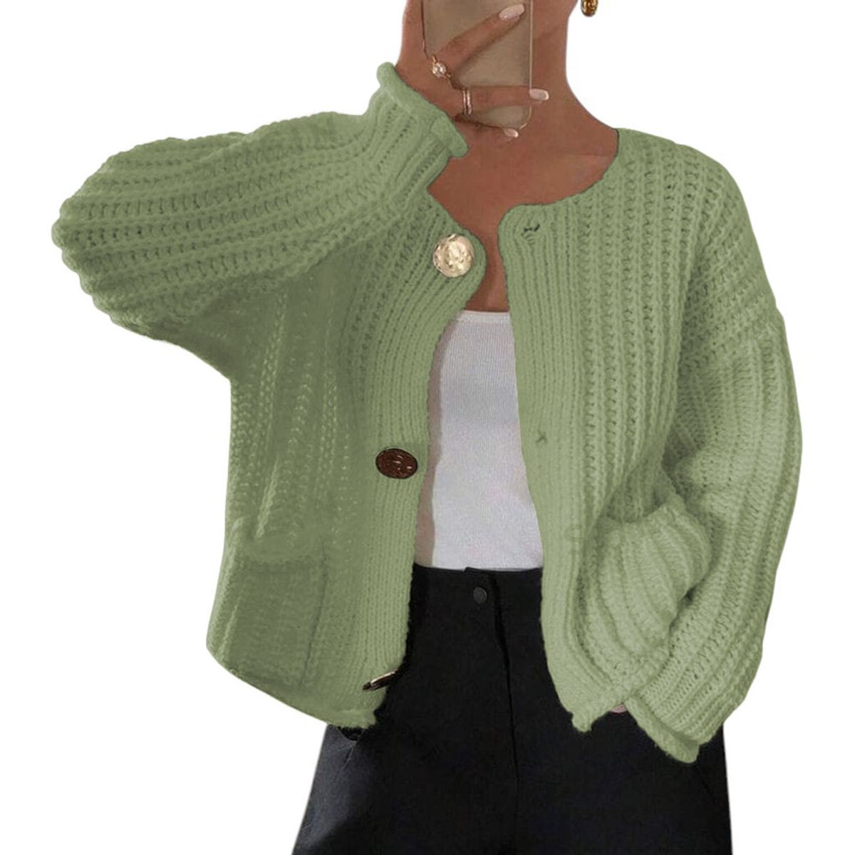 GENERICO - Chompa Mujer Hilo Bolsillos Botones 359G-30 Color Manzana