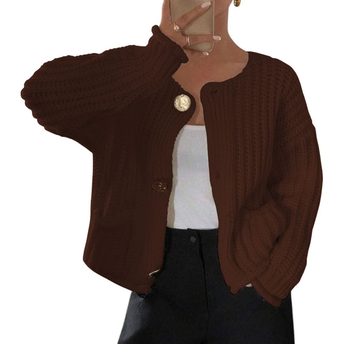 GENERICO - Chompa Mujer Hilo Bolsillos Botones 359G-30 Color Marron