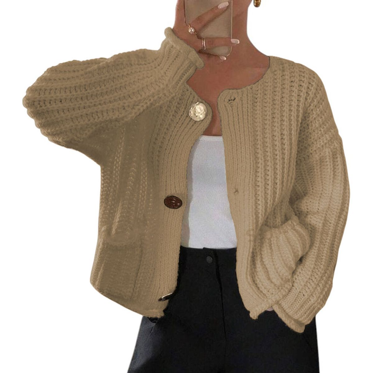 GENERICO - Chompa Mujer Hilo Bolsillos Botones 359G-30 Color Vainila