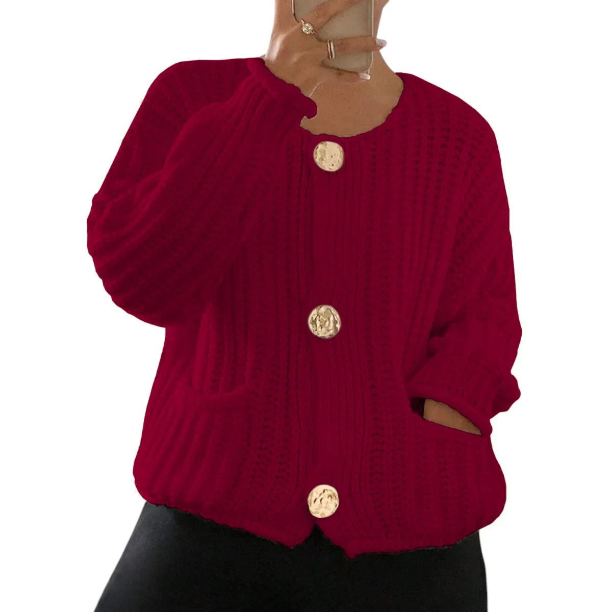 GENERICO - Chompa Mujer Hilo Bolsillos Botones 359G-30 Color Vino