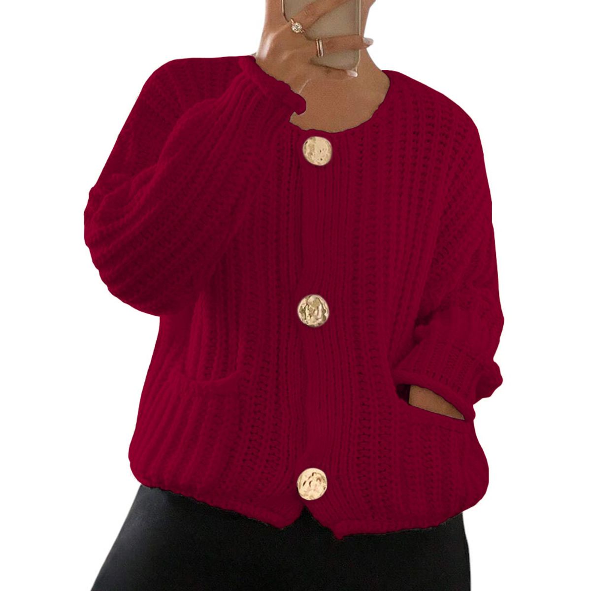 GENERICO - Chompa Mujer Hilo Bolsillos Botones 359G-30 Color Vino