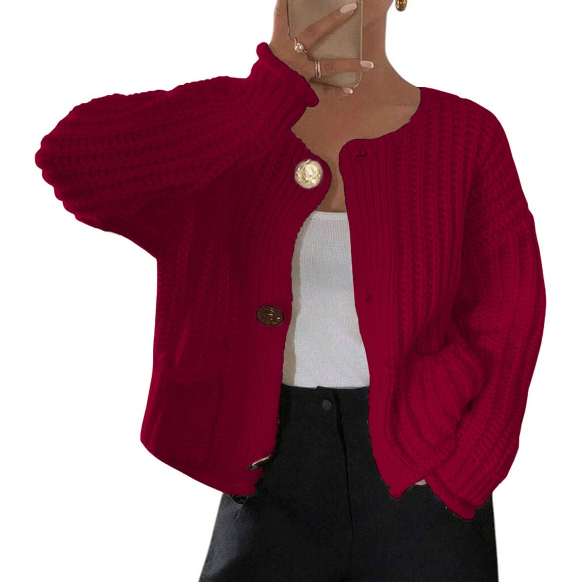 GENERICO - Chompa Mujer Hilo Bolsillos Botones 359G-30 Color Vino