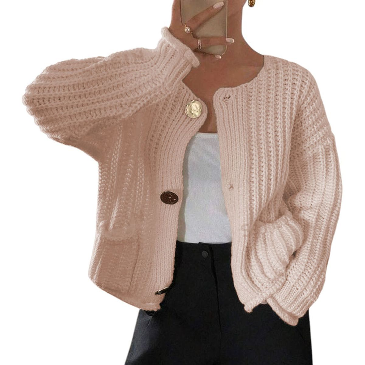 GENERICO - Chompa Mujer Hilo Bolsillos Botones 359G-30 Color Api